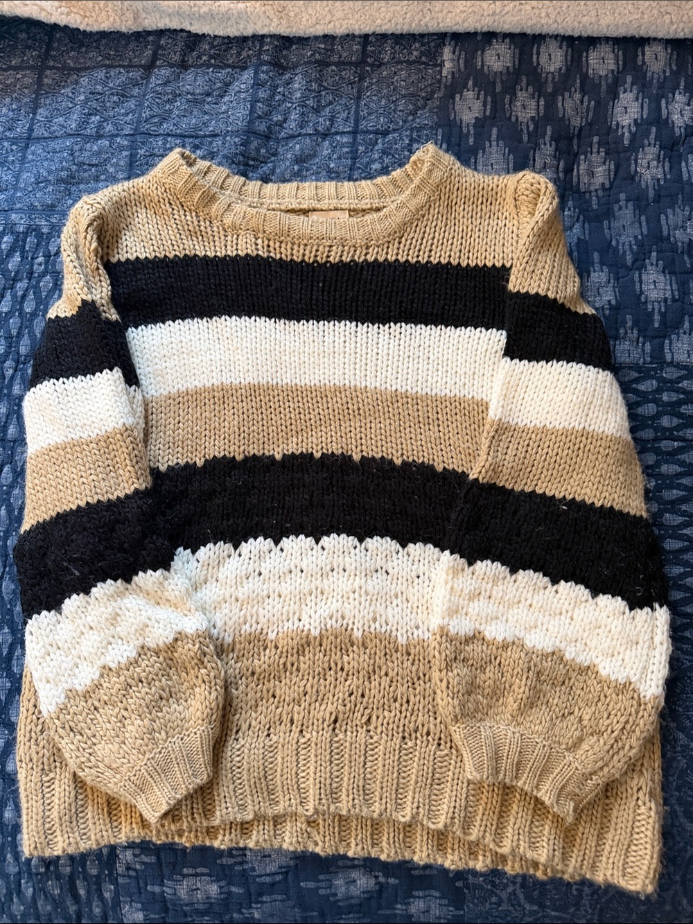 BiBi Striped Crewneck Sweater in Beige, Black & White